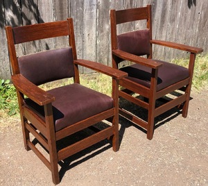 Pair Original Vintage L & J G Stickley Arm Chairs. Four matching side chairs are also available upon request. 